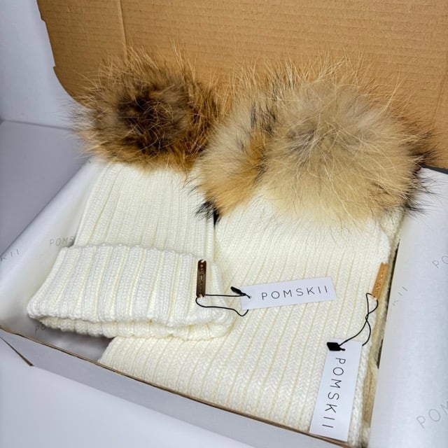 Vanilla Hat and Scarf Set POMSKII Luxury Pom Pom Hats Winter Bobble Hats